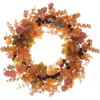 umělá květina Podzimní umělý věnec 60 cm s oranžovými lístky a šiškami Barva: Oranžová