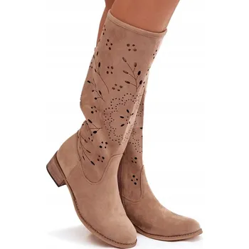 Dámské kozačky Dámské kozačky s děrovaným vzorem, podpatek blokový, na zip, eko semiš, khaki, velikost 41