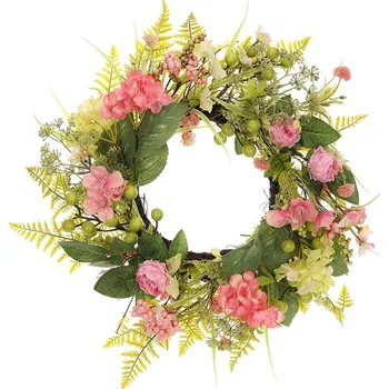 umělá květina Růžovo-zelený umělý věnec s květinami a bobulemi, pr. 50 cm Barva: Růžová