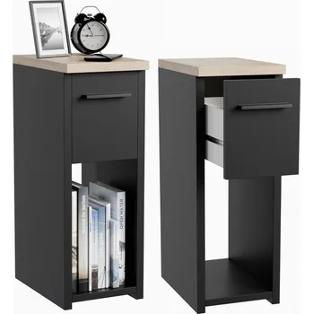 Noční stolek SADA 2 KS ÚZKÝCH NOČNÍCH STOLKŮ LOFT ČERNÉ BARVY 20x30 CM SE ZÁSUVKOU A POLICÍ