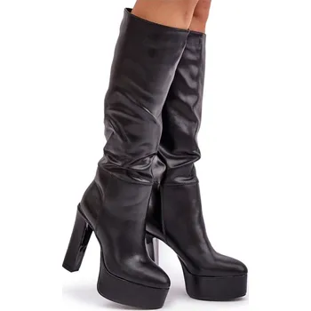 Dámské kozačky KOZAČKY NA VYSOKÉM PODPATKU (SLOUPEK) A PLATFORMĚ, ZASOUVACÍ, EKO KŮŽE ČERNÉ 39