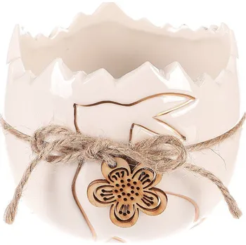 Obal na květináč Bílý keramický obal tvaru vajíčka s dřevěným květem a provázkem Barva: bílá