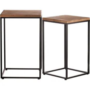 Stojan na květiny Kovový stojan na květiny s dřevěnou deskou, sada 2 ks, černý Barva: Přírodní