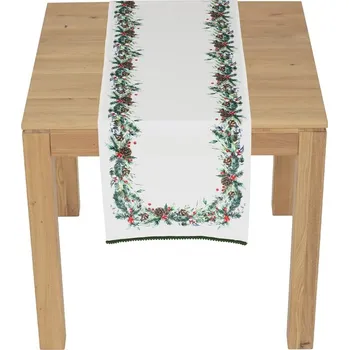 Vánoční dekorace Běhoun - jehličí, šišky a bobule, 100% polyester, 40 x 150 cm Barva: bílá