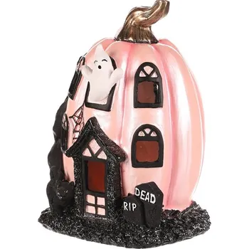 Vánoční dekorace Domeček dýňový - polyresin, pro Halloween, LED osvětlení Barva: Růžová