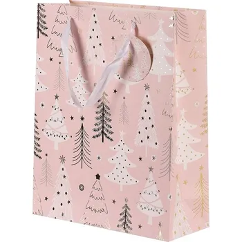 Dárková taška Vánoční taška papírová M - růžová s motivem stromků, elegantní balení Barva: Růžová