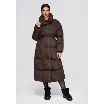 Dámská dlouhá prošívaná bunda s páskem Edoti černá | hnědá 3499092