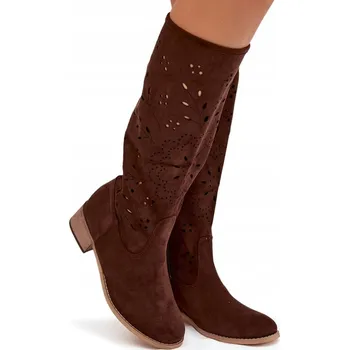 Dámské kozačky Dámské kozačky s děrovaným vzorem, podpatek blokový, na zip, eko semiš, čokoládové, velikost 36