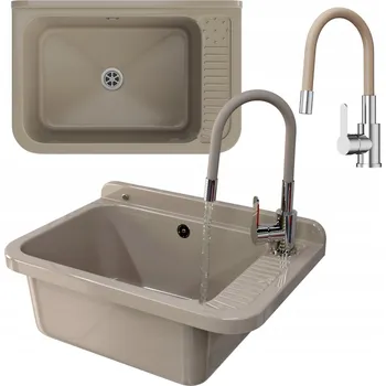 Granitový dřez Technický dřez Granitan jednokomorový béžový s baterií a odkapávačem