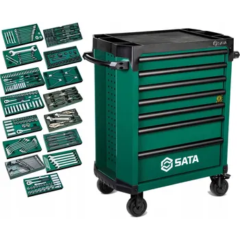 Dílenský vozík SATA zelený 7 zásuvek verze PRO se zámkem a brzdou