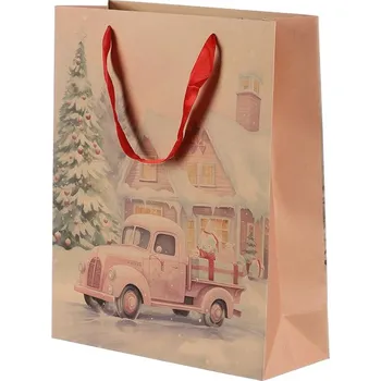 Dárková taška Vánoční taška z bambusového papíru hnědá - auto s dárky, vel. M Barva: Hnědá