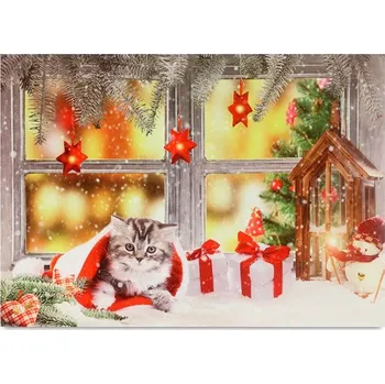 Obraz Obraz nástěnný - LED osvětlení 4 ks, vánoční motiv s kočičkou Barva: Hnědá