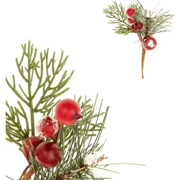 umělá květina Jehličí s červenými bobulemi - umělý trs, jemně ojíněný Barva: Vícebarevná