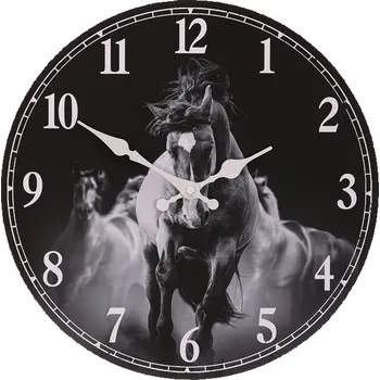 Hodiny Hodiny nástěnné - pr. 34 cm, MDF, černo-bílé, motiv koní Barva: černá