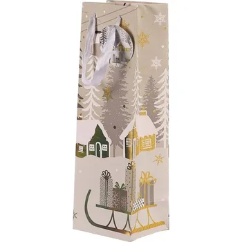 Dárková taška Vánoční papírová taška na víno - zimní krajina se sáňkami, 1 ks Barva: šedá