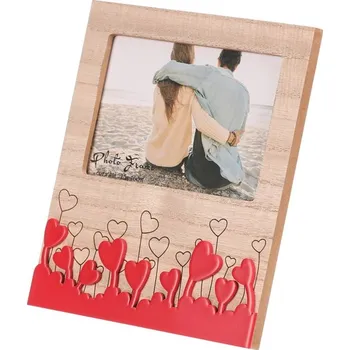 Obraz Fotorámeček 15x10 cm z MDF s motivem srdíček - přírodní dřevo Barva: Hnědá