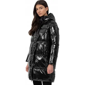 Dámský kabát Péřová bunda 4F černá XL ke kolenům s kapucí, syntetická