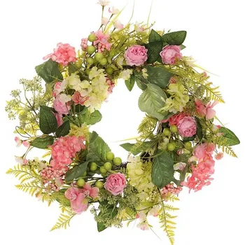 umělá květina Růžovo-zelený umělý věnec s bobulemi a kapradím, pr. 55 cm Barva: Růžová