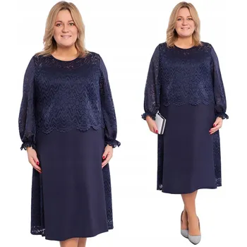 Dámské šaty Tmavě modré šaty s krajkovými rukávy, velikost 60