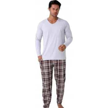 Pánské pyžamo Pánské pyžamo světle šedé s výstřihem do V, dlouhý rukáv a kalhoty s kostkovaným vzorem XXL