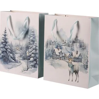 Dárková taška Vánoční papírová taška M, mix 2 druhů, zimní krajina, elegantní design Barva: bílá
