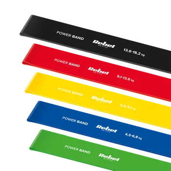 Latexová sada cvičebních pásů - Mini Band L, 2,3-18,2 kg, 5 pásů, barevná, REBEL ACTIVE