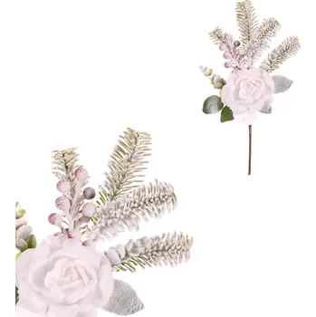 umělá květina Zasněžená umělá větev s růží a bobulemi - Smrk, 80 cm Barva: bílá