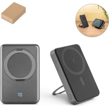 Powerbanka WARSHEL 10. Magnetická powerbanka 10 000 mAh s 15W superrychlou bezdrátovou nabíječkou z recyklovaného ABS (100% rABS) se stojánkem - Tmavě šedá