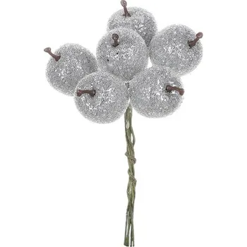 umělá květina Jablíčka na drátku - stříbrná, ojíněná, cena za balení (24 ks) Barva: Stříbrná