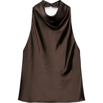Dámská halenka Dámská lesklá halenka Výstřih do O Bez rukávu Zapínání za krkem Jednobarevná elegantní halenka z polyesteru hnědá M