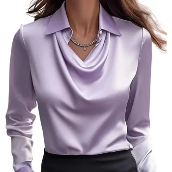Dámská halenka Dámská lesklá halenka Výstřih do V Dlouhý rukáv Límeček Jednobarevná společenská halenka z polyesteru do práce i večer fialová S
