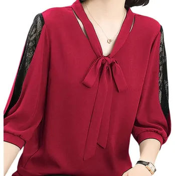 Dámská košile Dámská halenka s krajkou na rukávech Třičtvrteční rukáv Výstřih do O Mašle v dekoltu Jednobarevná elegantní halenka z polyesteru červená M