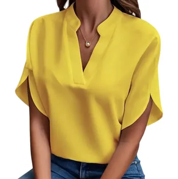 Dámská halenka Dámská halenka s límečkem Výstřih do V Krátký rukáv Jednobarevná elegantní halenka z polyesteru vhodná do práce žlutá S