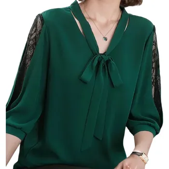 Dámská halenka s krajkou na rukávech Třičtvrteční rukáv Výstřih do O Mašle v dekoltu Jednobarevná elegantní halenka z polyesteru zelená XS