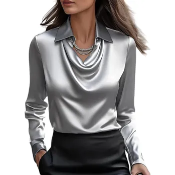 Dámská halenka Dámská lesklá halenka Výstřih do V Dlouhý rukáv Límeček Jednobarevná společenská halenka z polyesteru do práce i večer šedá XS