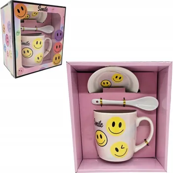KERAMICKÝ HRNEK S LŽIČKOU A PODŠÁLKEM SMILE V OZDOBNÉ DÁRKOVÉ KRABIČCE