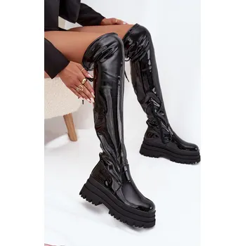 Dámské kozačky Lakované Kozačky Nad Kolena Na Masivní Platformě Ravela Barva: Černá, Velikost: 37