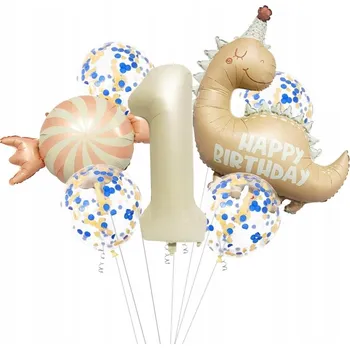 Balónek Balónky k 1. narozeninám, 7 prvků, motiv dinosaurus, béžové, jedinečné