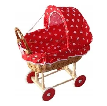 Kočárek pro panenku Proutěný kočárek pro panenky s červenými hvězdičkami na dřevěných kolečkách
