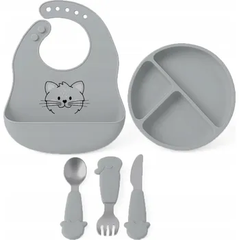 Dětský silikonový set FreeON - šedý talíř, příbor a bryndák