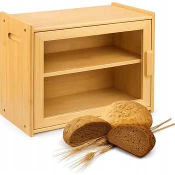 chlebník CHLEBAK BAMBUSOWY 2 POZIOMOWY DUŻY Bambusový chlebník dvoupodlažní velký 39x27x32 cm s otevíracími dvířky