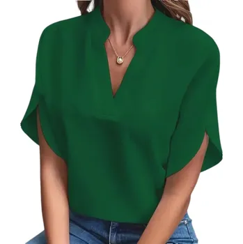 Dámská halenka s límečkem Výstřih do V Krátký rukáv Jednobarevná elegantní halenka z polyesteru vhodná do práce zelená S