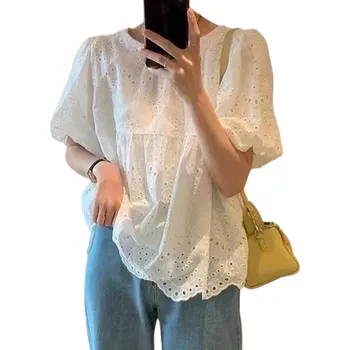 Dámská halenka Dámská bílá halenka Výstřih do O Třičtvrteční rukáv Zdobení a krajka Elegantní jednobarevná halenka z polyesteru S