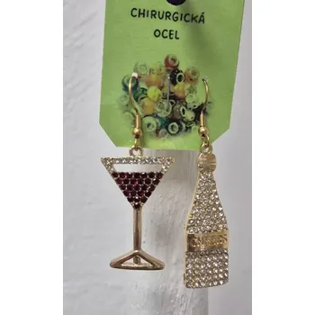 Náušnice Vánoční náušnice - lahev a sklenička s broušenými kamínky (chirurgická ocel)