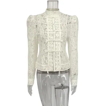 Dámská košile Dámská halenka s krajkou Zapínání na knoflíky Dlouhý rukáv Jednobarevná elegantní halenka vhodná do práce i na běžné nošení béžova L