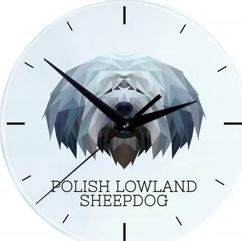 Hodiny Polský nížinný ovčák – skleněné závěsné nástěnné hodiny s geometrickým psem