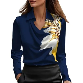 Dámské oblečení Dámská lesklá halenka Výstřih do V Dlouhý rukáv Límeček Jednobarevná společenská halenka z polyesteru do práce i večer tmavě modrá M