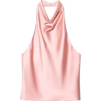 Dámská halenka Dámská lesklá halenka Výstřih do O Bez rukávu Zapínání za krkem Jednobarevná elegantní halenka z polyesteru růžová S