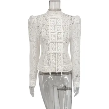 Dámská halenka Dámská halenka s krajkou Zapínání na knoflíky Dlouhý rukáv Jednobarevná elegantní halenka vhodná do práce i na běžné nošení bílá L