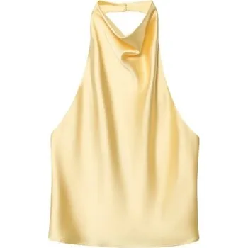 Dámská halenka Dámská lesklá halenka Výstřih do O Bez rukávu Zapínání za krkem Jednobarevná elegantní halenka z polyesteru žlutá L